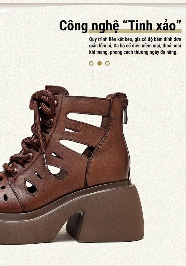 Giày Boot Nữ Da Bò Đục Lỗ Thoáng Khí Cổ Lửng Chiều Cao Đế Khoảng 7cm Màu Nâu, Kem, Đen chi tiết 3