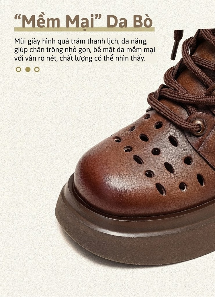 Giày Boot Nữ Da Bò Đục Lỗ Thoáng Khí Cổ Lửng Chiều Cao Đế Khoảng 7cm Màu Nâu, Kem, Đen chi tiết 4