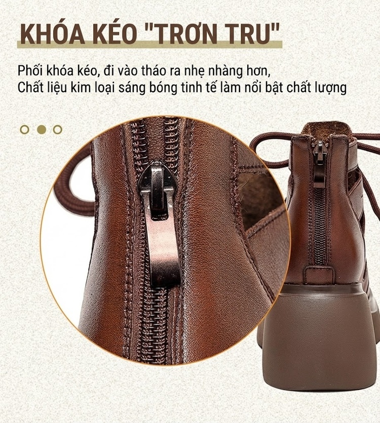 Giày Boot Nữ Da Bò Đục Lỗ Thoáng Khí Cổ Lửng Chiều Cao Đế Khoảng 7cm Màu Nâu, Kem, Đen chi tiết 7