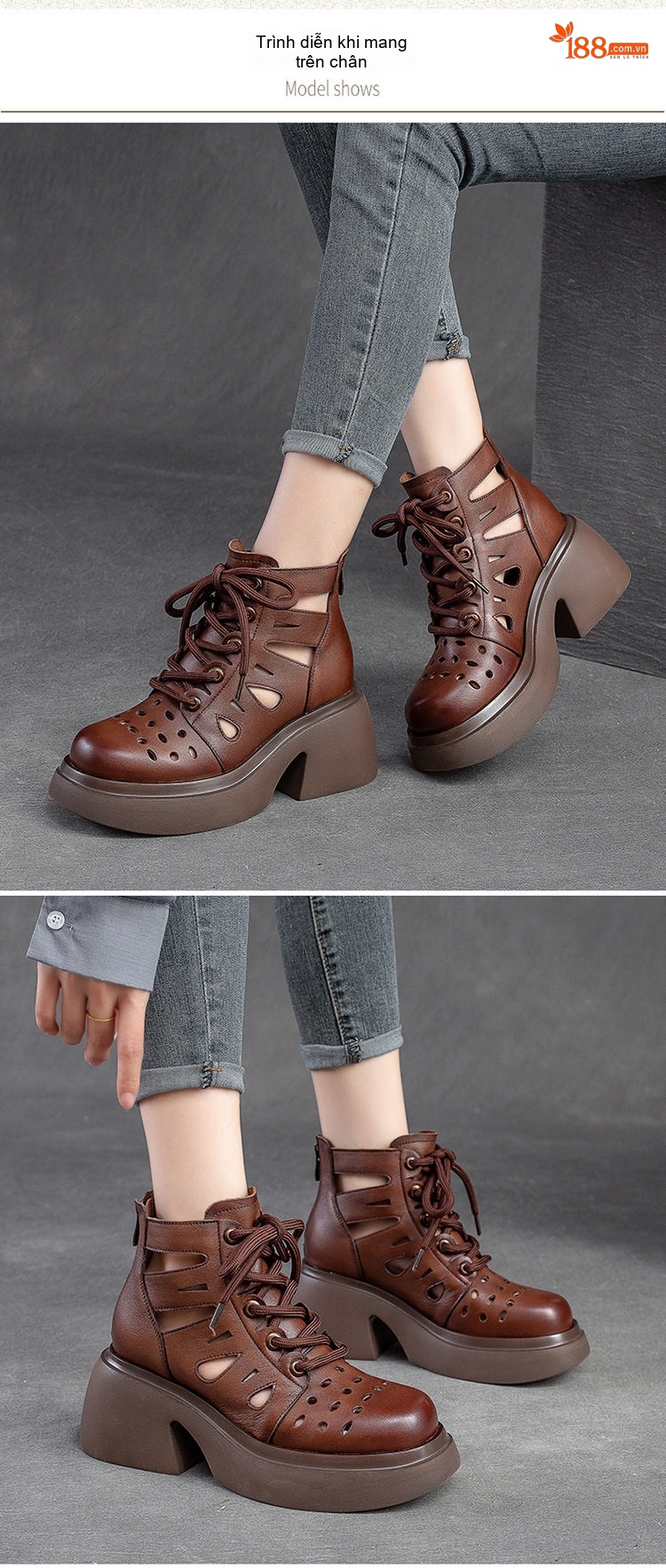 Giày Boot Nữ Da Bò Đục Lỗ Thoáng Khí Cổ Lửng Chiều Cao Đế Khoảng 7cm Màu Nâu, Kem, Đen chi tiết 8