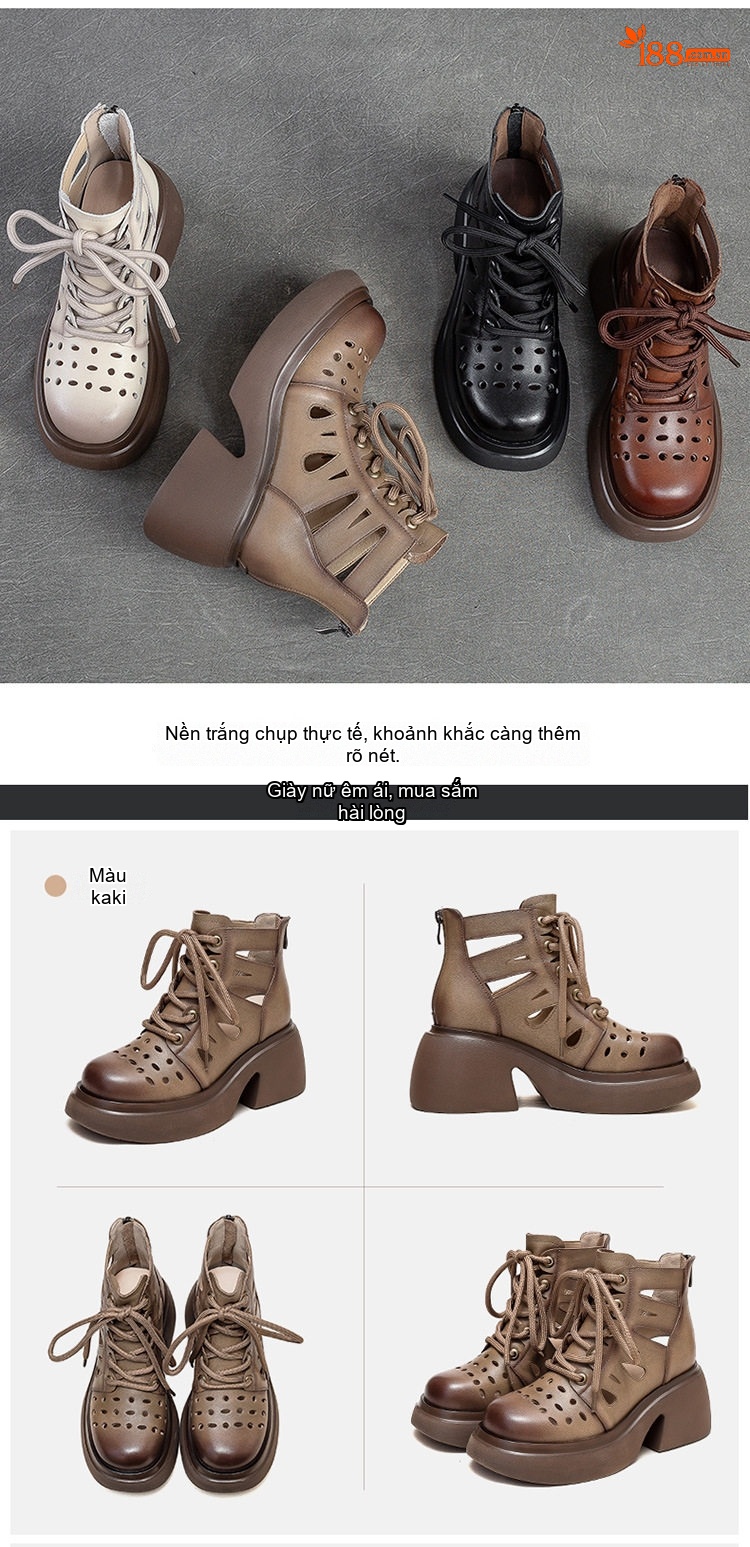 Giày Boot Nữ Da Bò Đục Lỗ Thoáng Khí Cổ Lửng Chiều Cao Đế Khoảng 7cm Màu Nâu, Kem, Đen chi tiết 17