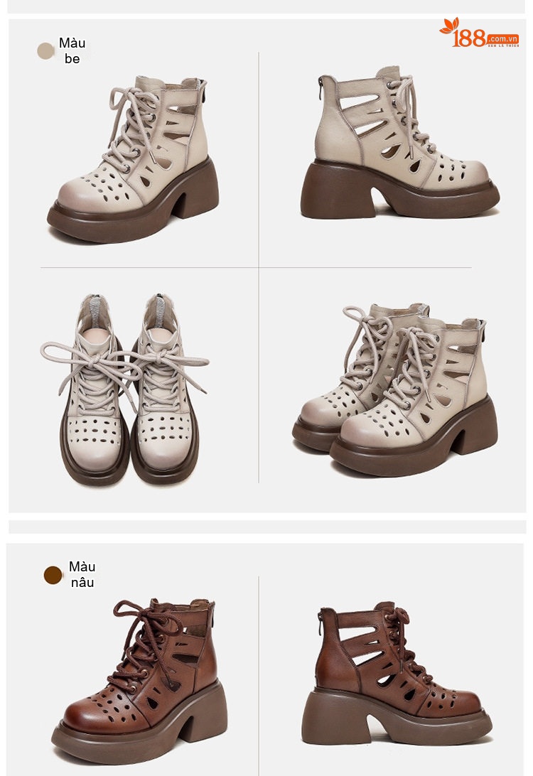 Giày Boot Nữ Da Bò Đục Lỗ Thoáng Khí Cổ Lửng Chiều Cao Đế Khoảng 7cm Màu Nâu, Kem, Đen chi tiết 18
