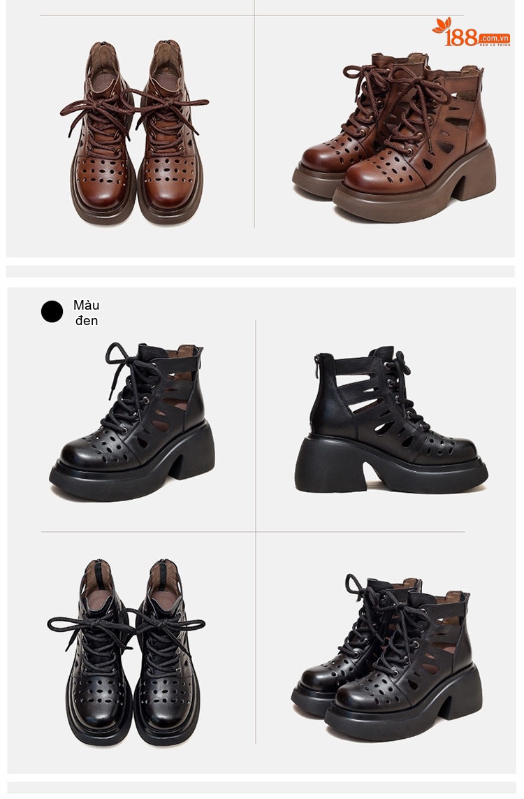 Giày Boot Nữ Da Bò Đục Lỗ Thoáng Khí Cổ Lửng Chiều Cao Đế Khoảng 7cm Màu Nâu, Kem, Đen chi tiết 19
