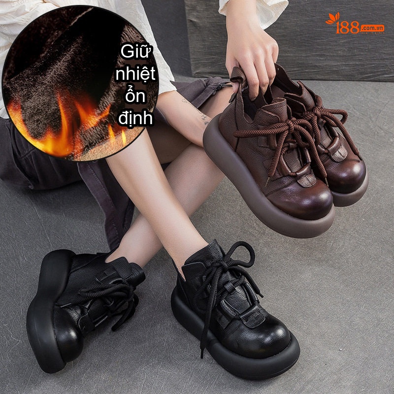 Giày Boot Nữ Da Bò Lót Lông Chiều Cao Đế Khoảng 4cm Màu Đen, Nâu