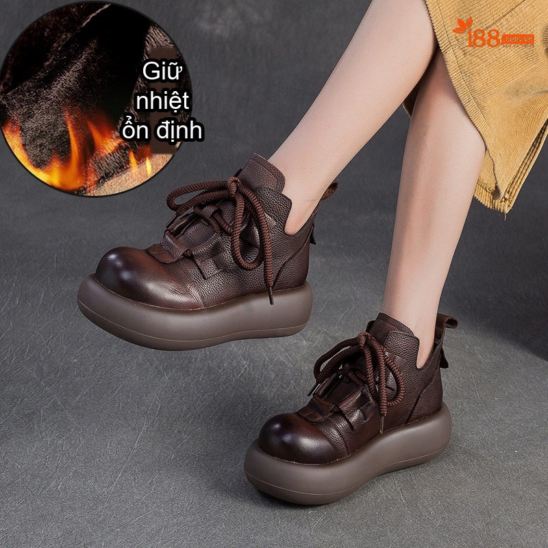 Giày Boot Nữ Da Bò Lót Lông Chiều Cao Đế Khoảng 4cm Màu Đen, Nâu