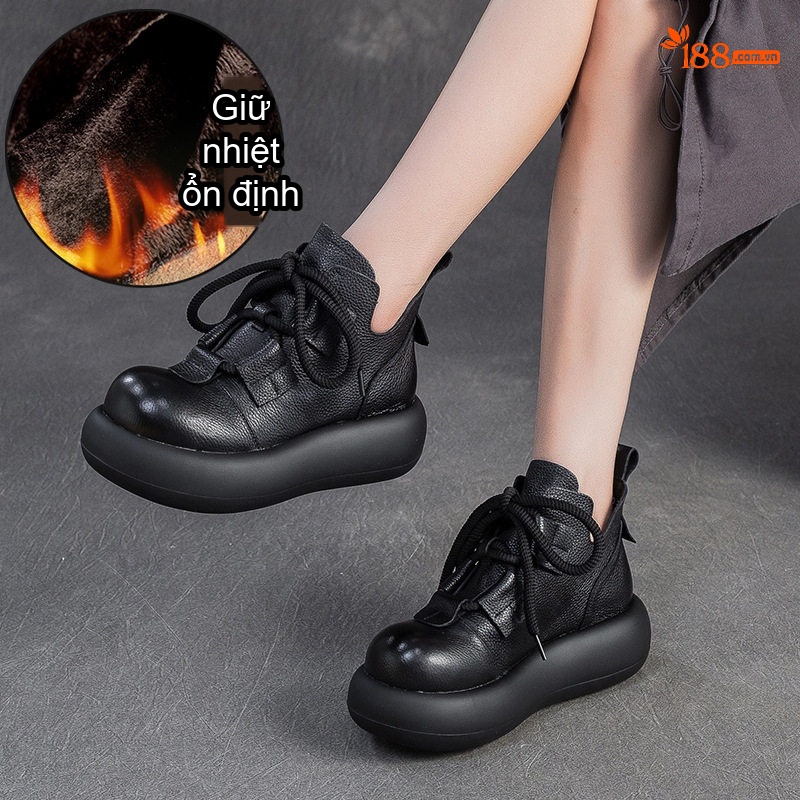 Giày Boot Nữ Da Bò Lót Lông Chiều Cao Đế Khoảng 4cm Màu Đen, Nâu