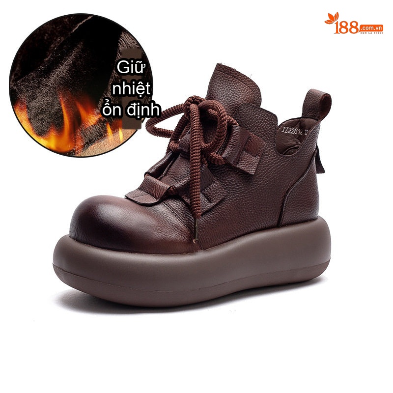 Giày Boot Nữ Da Bò Lót Lông Chiều Cao Đế Khoảng 4cm Màu Đen, Nâu