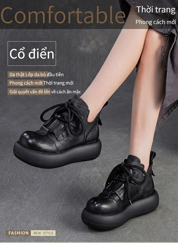 Giày Boot Nữ Da Bò Lót Lông Chiều Cao Đế Khoảng 4cm Màu Đen, Nâu chi tiết 2
