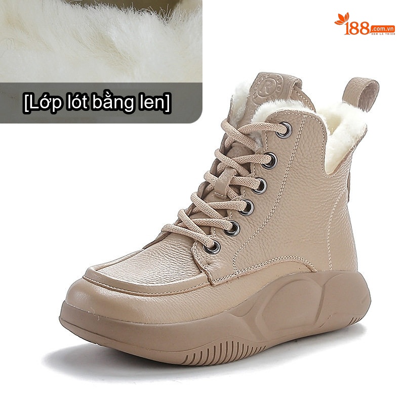 Giày Boot Nữ Da Bò Lót Lông Cừu Non Cổ Cao Dây Buộc Chiều Cao Đế Khoảng 5cm Màu Be, Đen