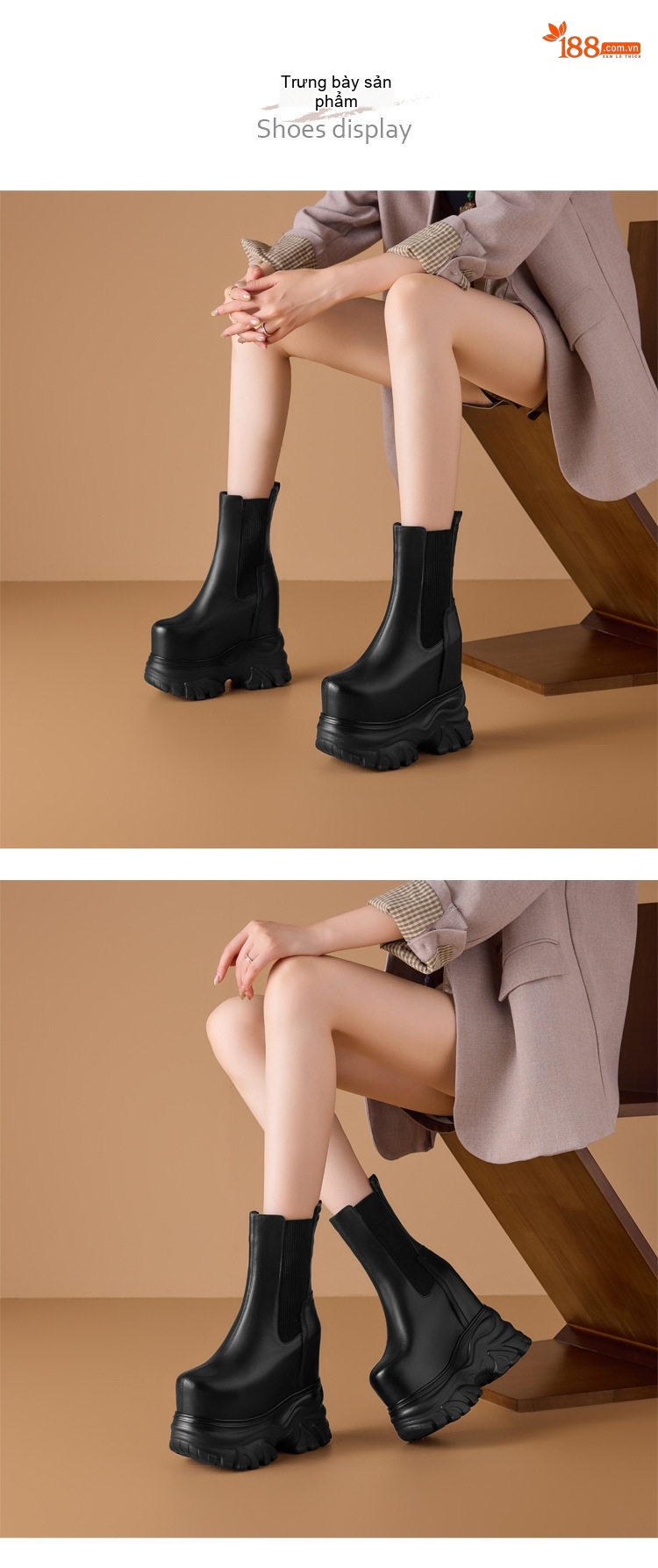 Giày Boot Nữ Da Bóng Đế Xuồng Dày Dặn Chiều Cao Đế Khoảng 6cm Màu Đen, Trắng chi tiết 1