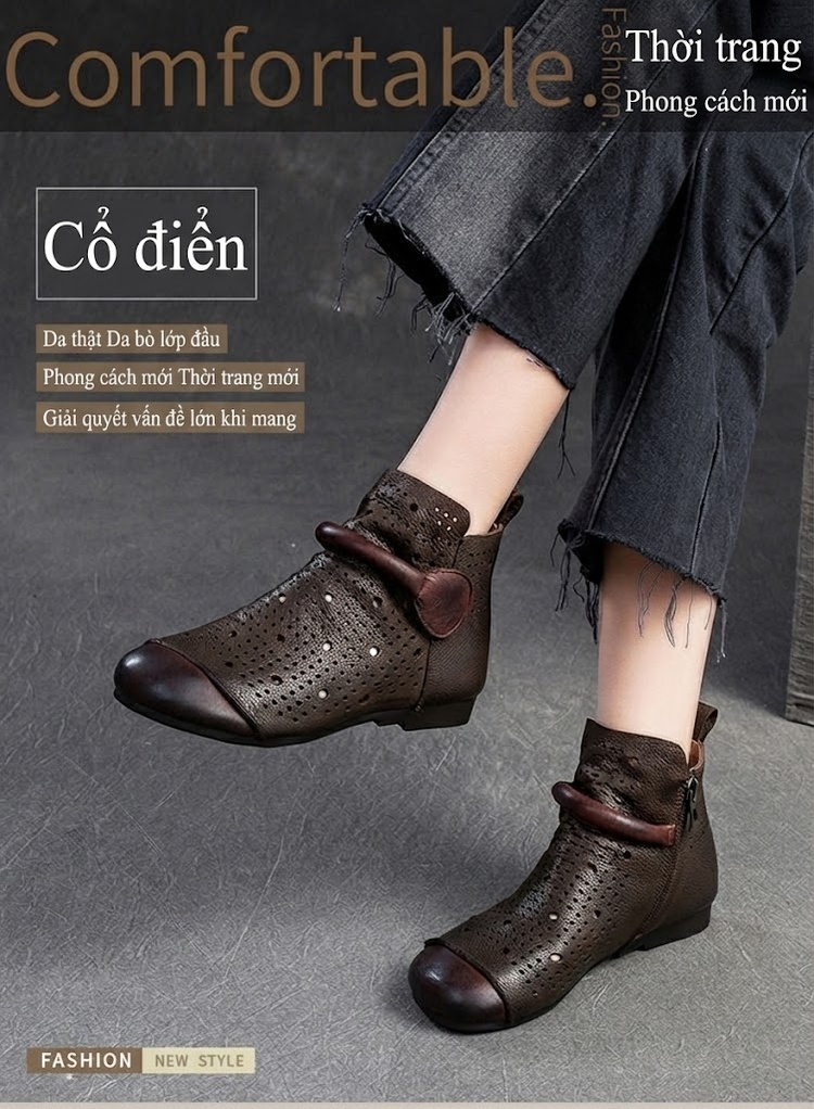 Giày Boot Nữ Da Mờ Cao Cổ Thoáng Khí Chiều Cao Đế Khoảng 2cm Màu Nâu chi tiết 1