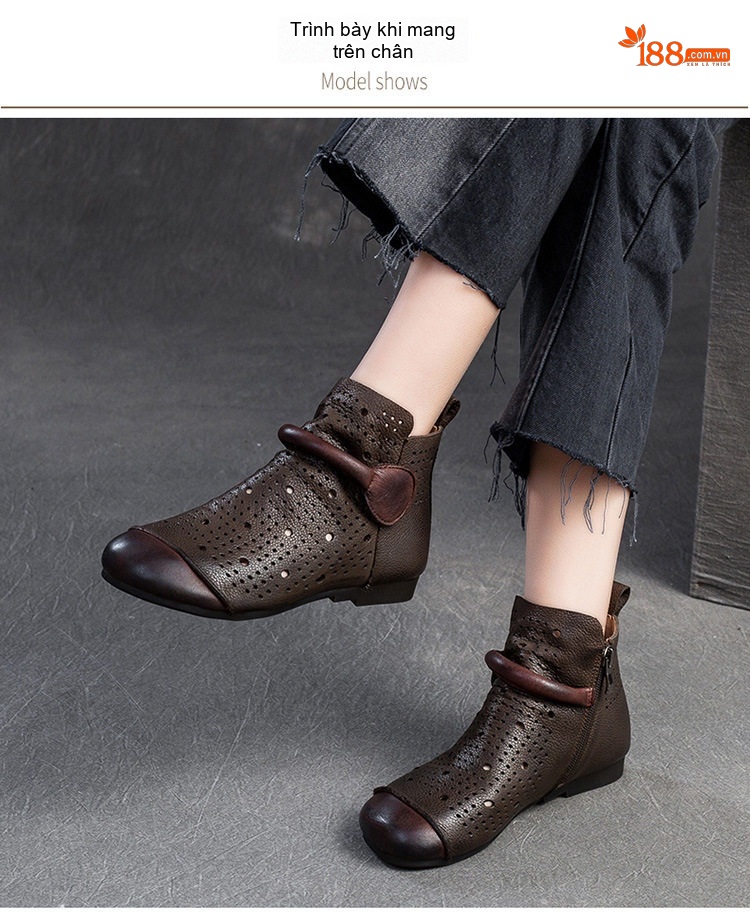 Giày Boot Nữ Da Mờ Cao Cổ Thoáng Khí Chiều Cao Đế Khoảng 2cm Màu Nâu chi tiết 7