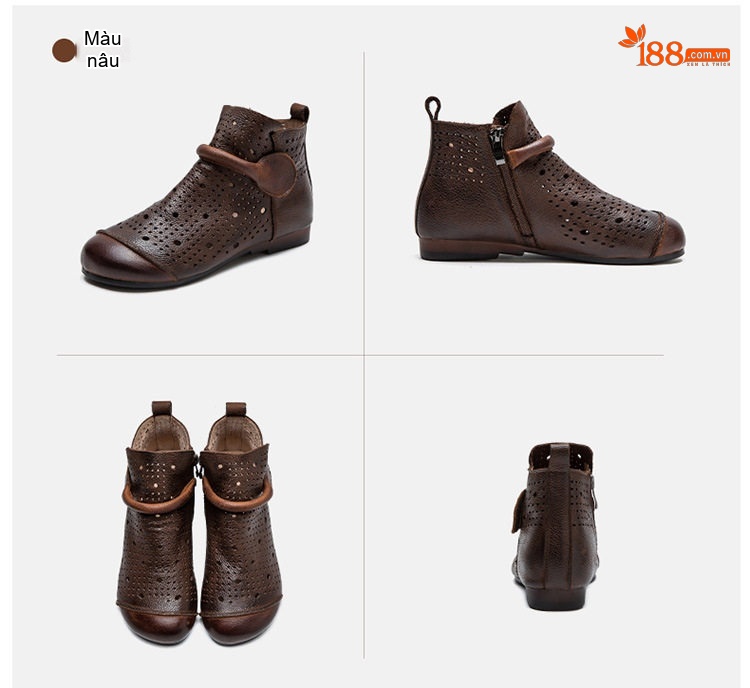 Giày Boot Nữ Da Mờ Cao Cổ Thoáng Khí Chiều Cao Đế Khoảng 2cm Màu Nâu chi tiết 17