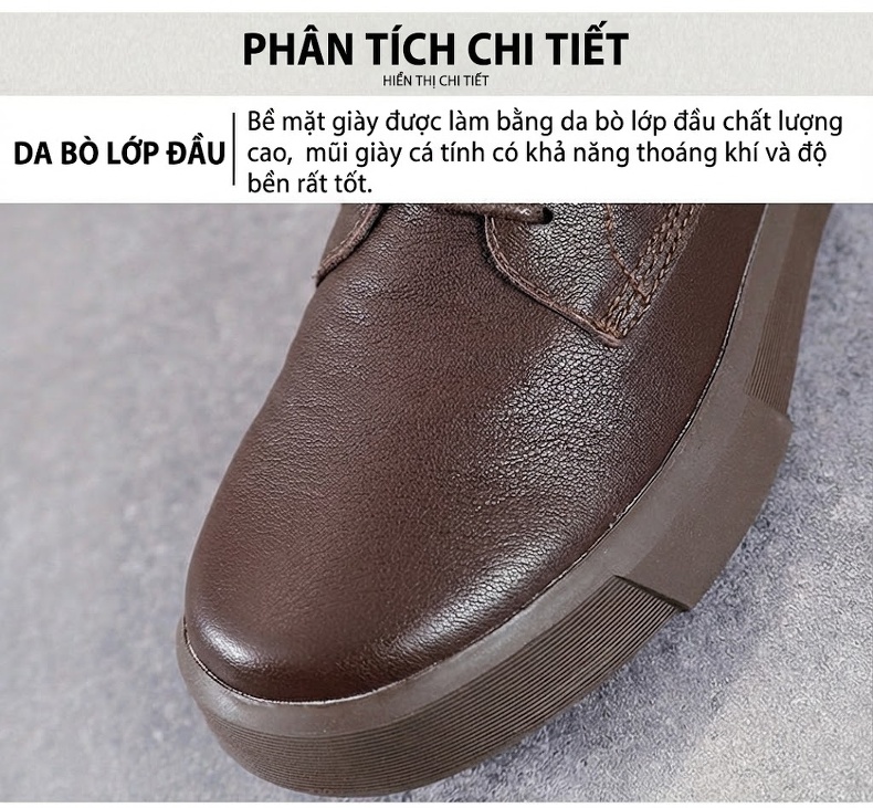 Giày Boot Nữ Da Thật Cổ Cao Buộc Dây Đế Bằng Chiều Cao Đế Khoảng 3cm Màu Nâu, Đen chi tiết 5