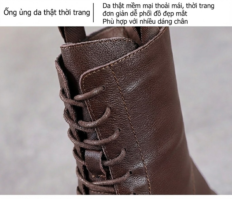 Giày Boot Nữ Da Thật Cổ Cao Buộc Dây Đế Bằng Chiều Cao Đế Khoảng 3cm Màu Nâu, Đen chi tiết 6
