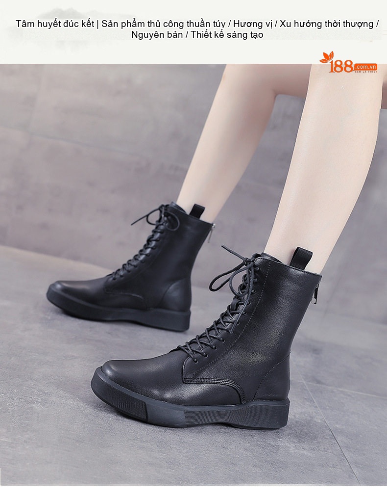 Giày Boot Nữ Da Thật Cổ Cao Buộc Dây Đế Bằng Chiều Cao Đế Khoảng 3cm Màu Nâu, Đen chi tiết 1