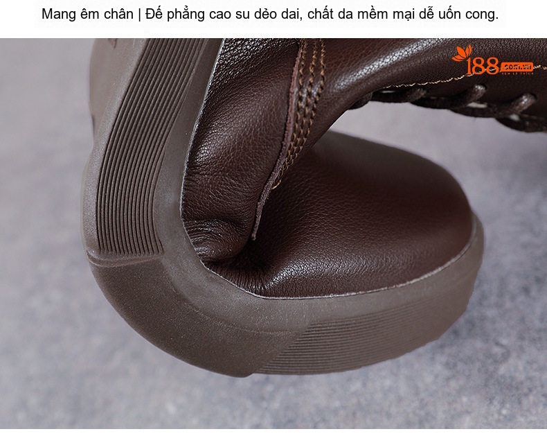 Giày Boot Nữ Da Thật Cổ Cao Buộc Dây Đế Bằng Chiều Cao Đế Khoảng 3cm Màu Nâu, Đen chi tiết 9