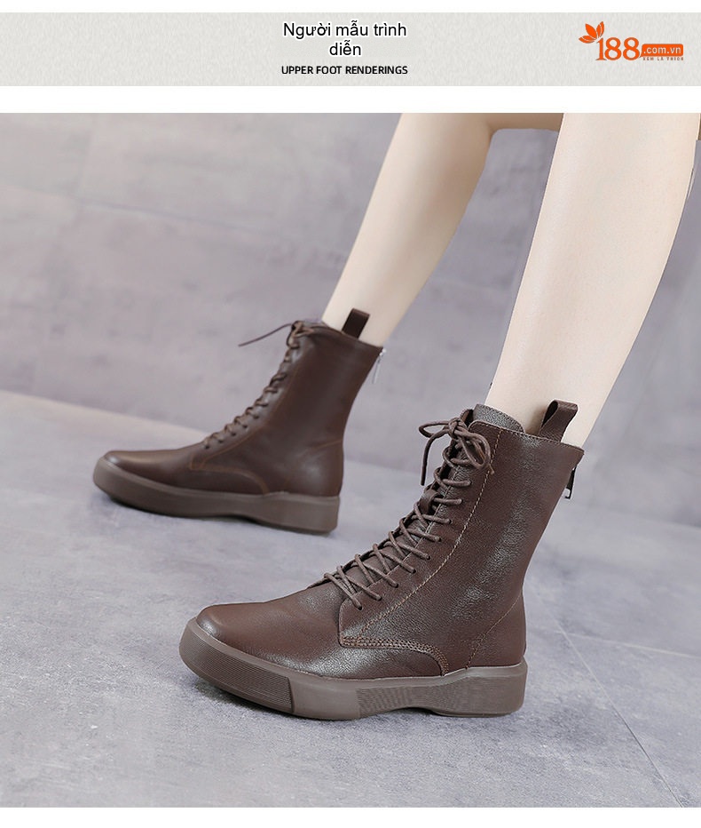 Giày Boot Nữ Da Thật Cổ Cao Buộc Dây Đế Bằng Chiều Cao Đế Khoảng 3cm Màu Nâu, Đen chi tiết 10