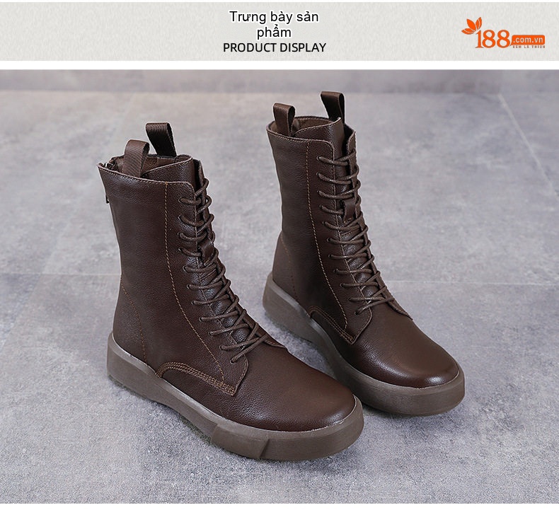 Giày Boot Nữ Da Thật Cổ Cao Buộc Dây Đế Bằng Chiều Cao Đế Khoảng 3cm Màu Nâu, Đen chi tiết 11