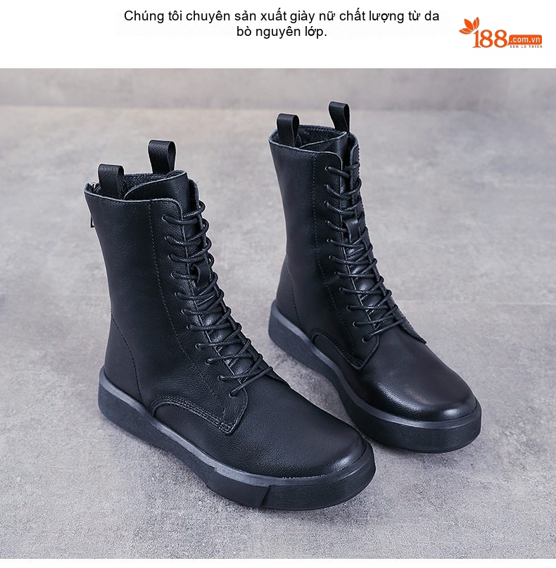 Giày Boot Nữ Da Thật Cổ Cao Buộc Dây Đế Bằng Chiều Cao Đế Khoảng 3cm Màu Nâu, Đen chi tiết 2