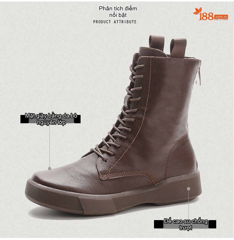 Giày Boot Nữ Da Thật Cổ Cao Buộc Dây Đế Bằng Chiều Cao Đế Khoảng 3cm Màu Nâu, Đen chi tiết 3