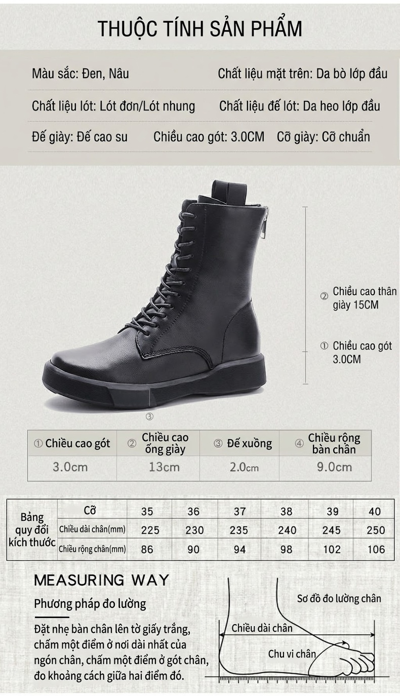 Giày Boot Nữ Da Thật Cổ Cao Buộc Dây Đế Bằng Chiều Cao Đế Khoảng 3cm Màu Nâu, Đen chi tiết 4