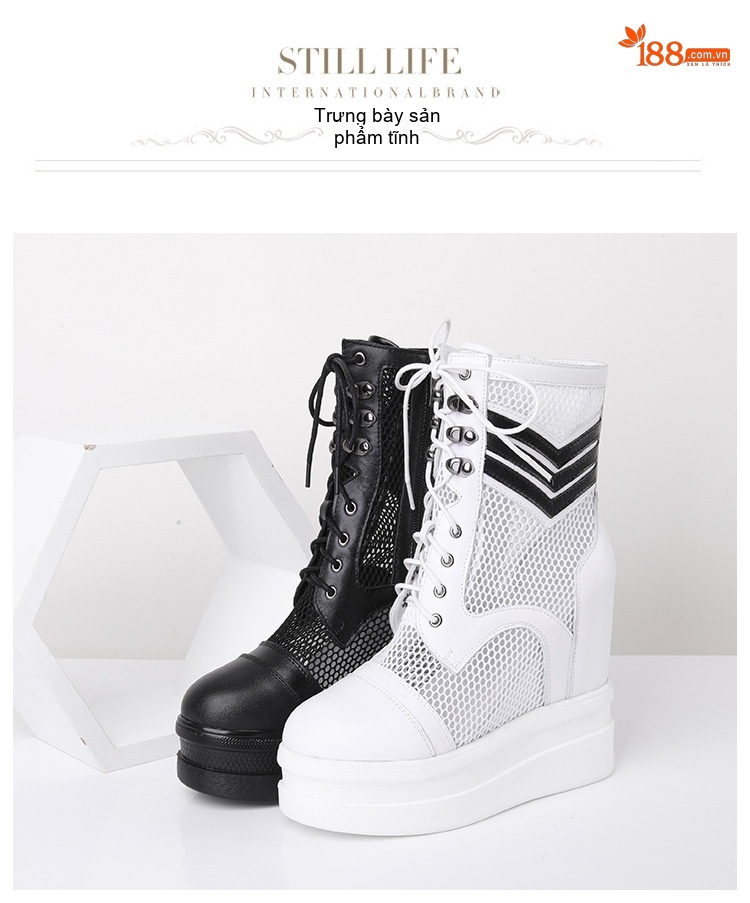 Giày Boot Nữ Dây Buộc Lưới Thoáng Khí Chiều Cao Đế Khoảng 8cm Màu Đen, Trắng chi tiết 8