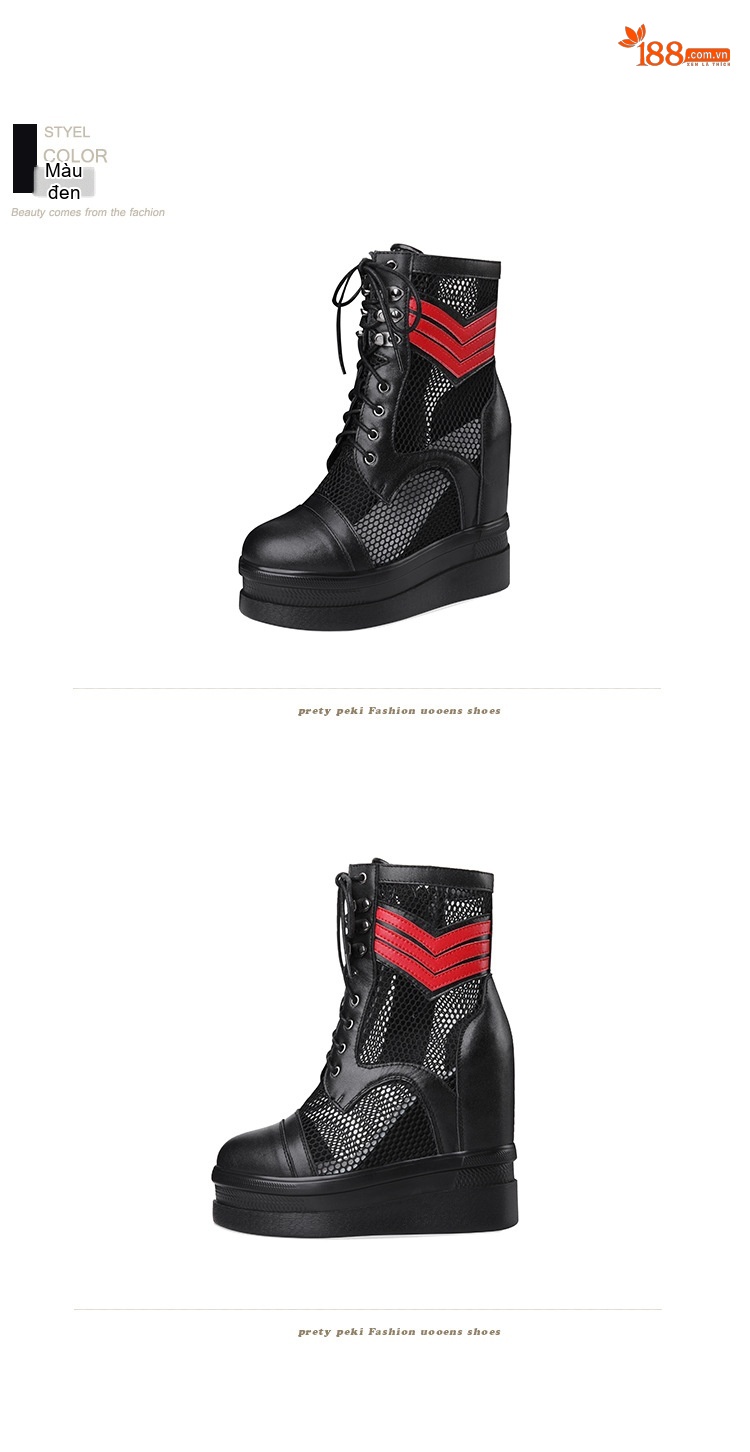 Giày Boot Nữ Dây Buộc Lưới Thoáng Khí Chiều Cao Đế Khoảng 8cm Màu Đen, Trắng chi tiết 10