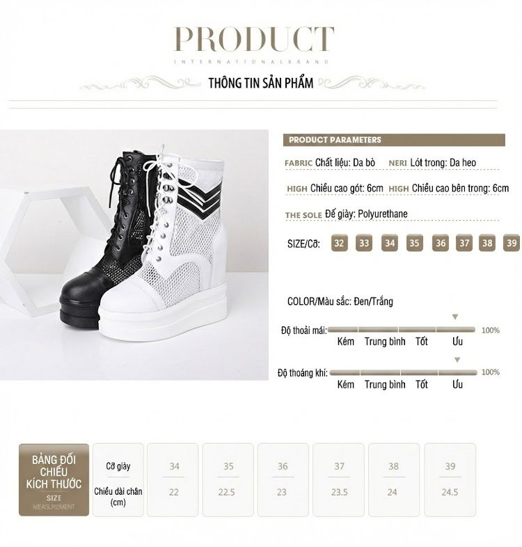 Giày Boot Nữ Dây Buộc Lưới Thoáng Khí Chiều Cao Đế Khoảng 8cm Màu Đen, Trắng chi tiết 1
