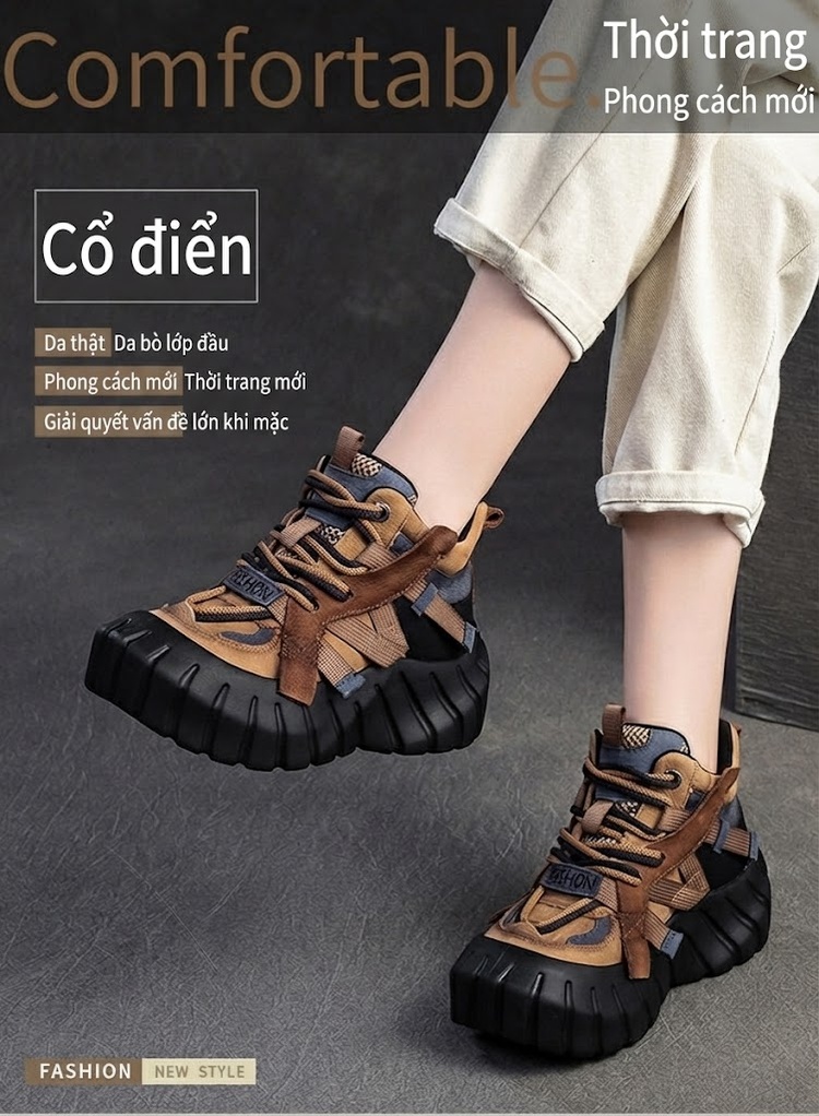 Giày Boot Nữ Đế Bánh Mì Dây Buộc Da Mờ Thời Trang Chiều Cao Đế Khoảng 5cm Màu Nâu, Đỏ, Đen, Xanh Lá chi tiết 1