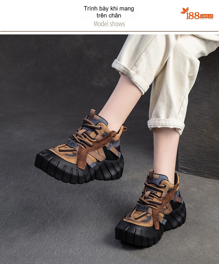 Giày Boot Nữ Đế Bánh Mì Dây Buộc Da Mờ Thời Trang Chiều Cao Đế Khoảng 5cm Màu Nâu, Đỏ, Đen, Xanh Lá chi tiết 7