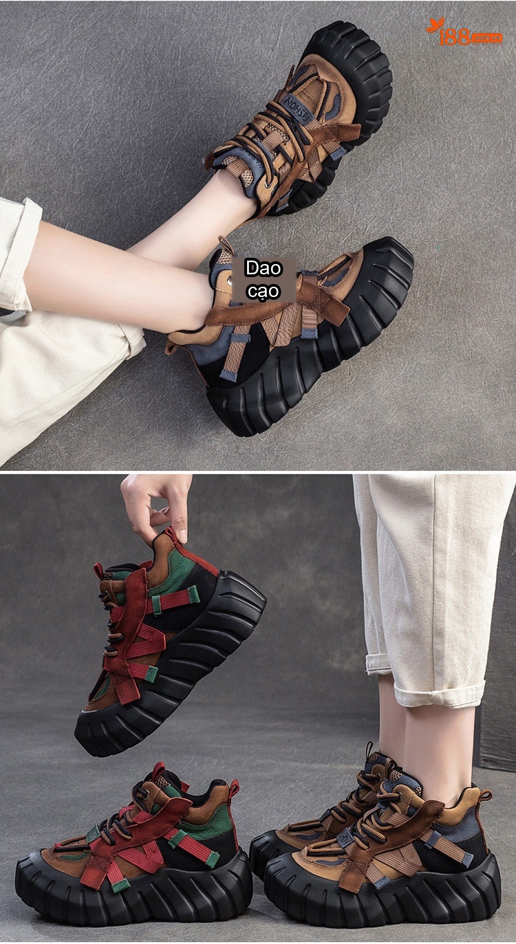 Giày Boot Nữ Đế Bánh Mì Dây Buộc Da Mờ Thời Trang Chiều Cao Đế Khoảng 5cm Màu Nâu, Đỏ, Đen, Xanh Lá chi tiết 10