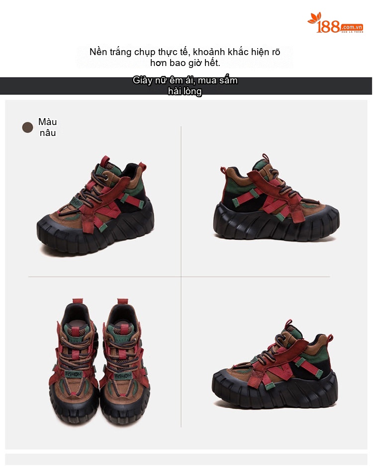 Giày Boot Nữ Đế Bánh Mì Dây Buộc Da Mờ Thời Trang Chiều Cao Đế Khoảng 5cm Màu Nâu, Đỏ, Đen, Xanh Lá chi tiết 16