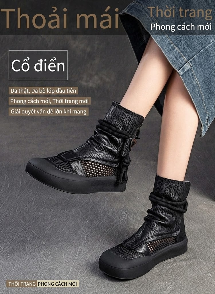 Giày Boot Nữ Hở Lưới Thoáng Khí Phong Cách La Mã Chiều Cao Đế Khoảng 3.5cm Màu Đen, Nâu chi tiết 1