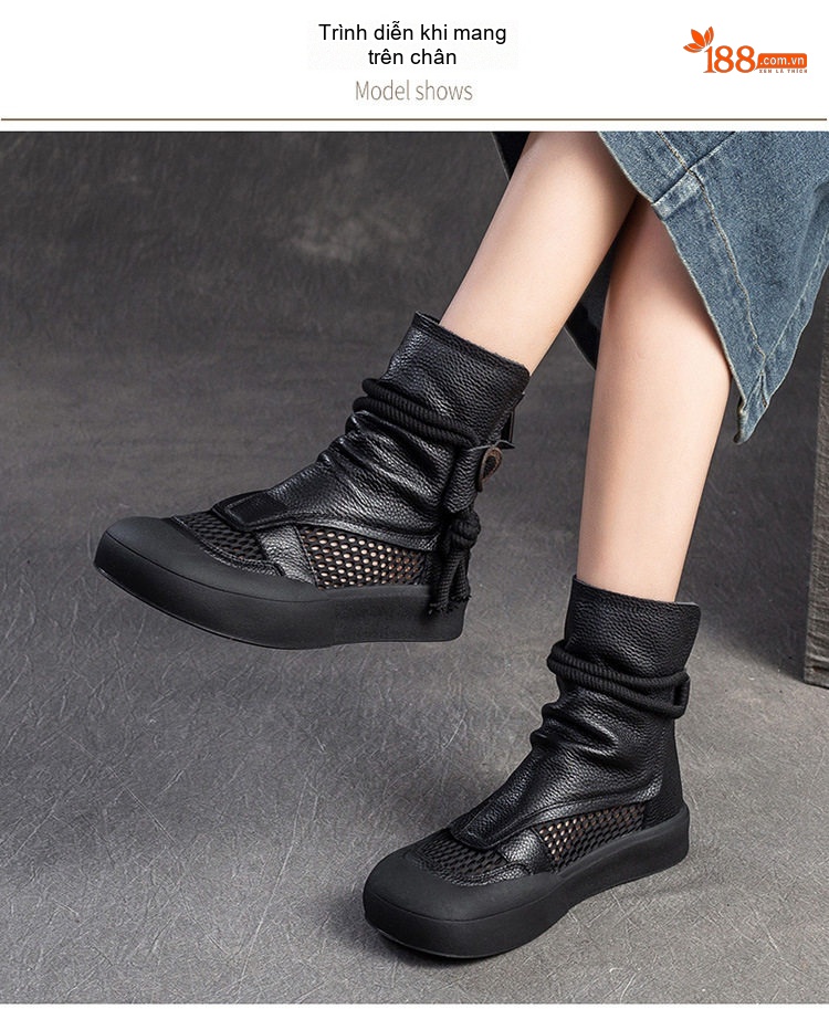 Giày Boot Nữ Hở Lưới Thoáng Khí Phong Cách La Mã Chiều Cao Đế Khoảng 3.5cm Màu Đen, Nâu chi tiết 7