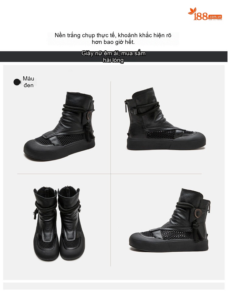 Giày Boot Nữ Hở Lưới Thoáng Khí Phong Cách La Mã Chiều Cao Đế Khoảng 3.5cm Màu Đen, Nâu chi tiết 16