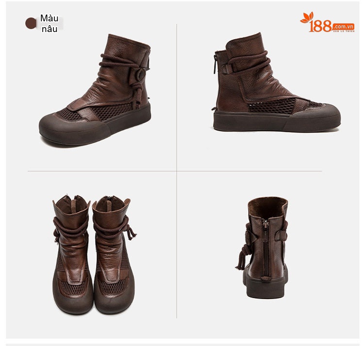 Giày Boot Nữ Hở Lưới Thoáng Khí Phong Cách La Mã Chiều Cao Đế Khoảng 3.5cm Màu Đen, Nâu chi tiết 17