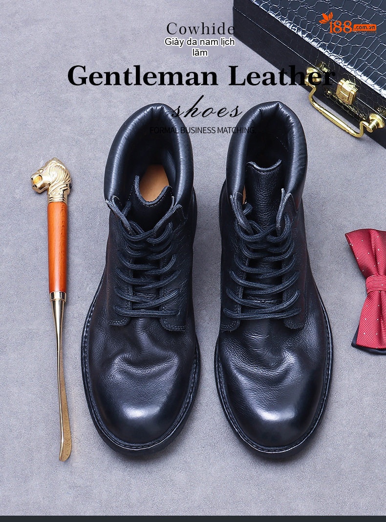 Giày Boots Nam Cao Cổ Da Bò Đế Dày Chiều Cao Đế Khoảng 3cm Màu Đen chi tiết 1