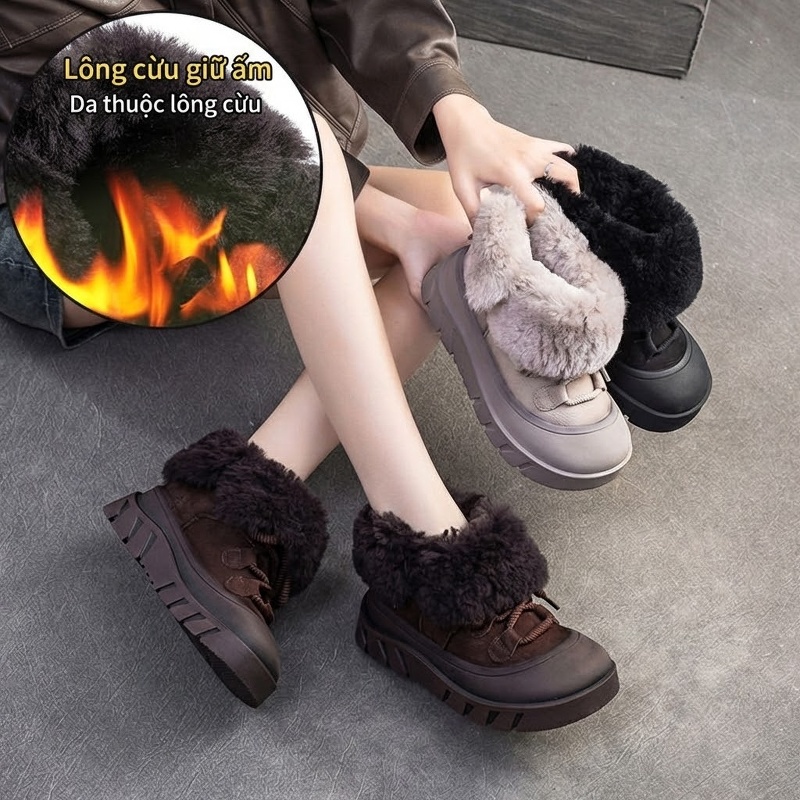 Giày Bốt Đi Tuyết Nữ Da Lộn Lông Cừu Chiều Cao Đế Khoảng 5cm Màu Đen, Nâu, Xám