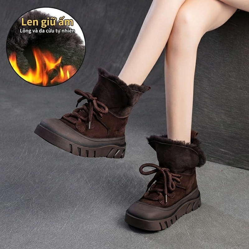 Giày Bốt Đi Tuyết Nữ Da Lộn Lông Cừu Chiều Cao Đế Khoảng 5cm Màu Đen, Nâu, Xám