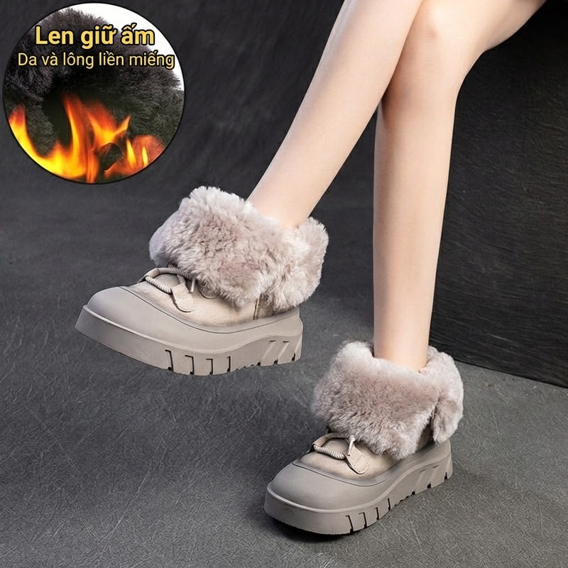 Giày Bốt Đi Tuyết Nữ Da Lộn Lông Cừu Chiều Cao Đế Khoảng 5cm Màu Đen, Nâu, Xám