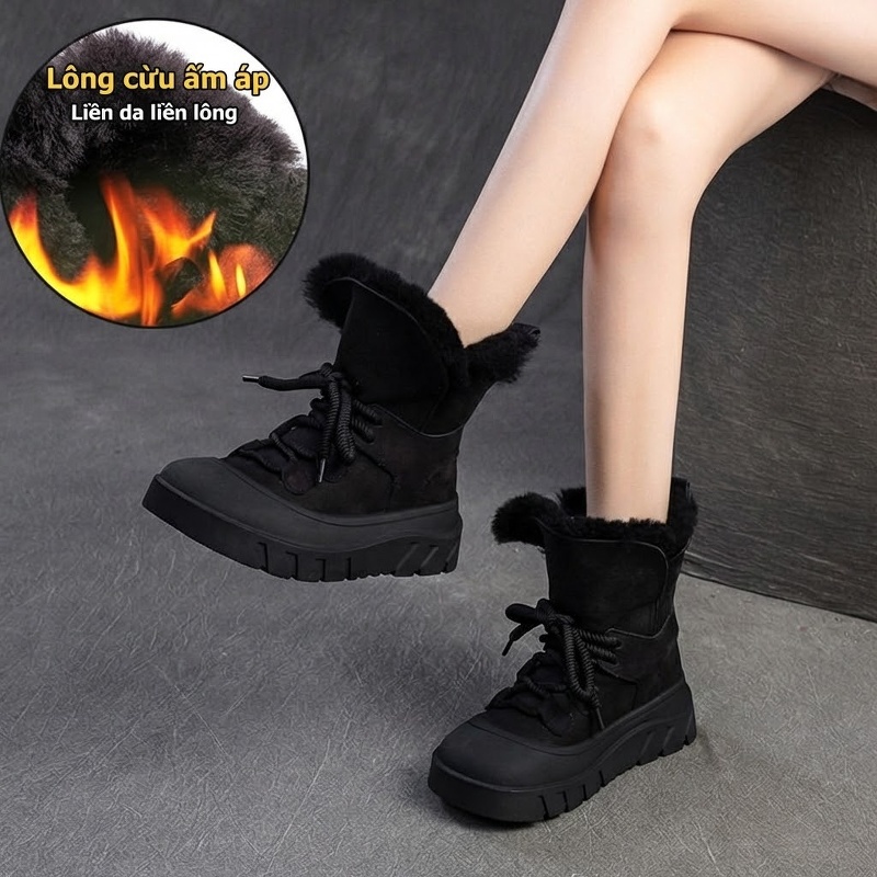 Giày Bốt Đi Tuyết Nữ Da Lộn Lông Cừu Chiều Cao Đế Khoảng 5cm Màu Đen, Nâu, Xám