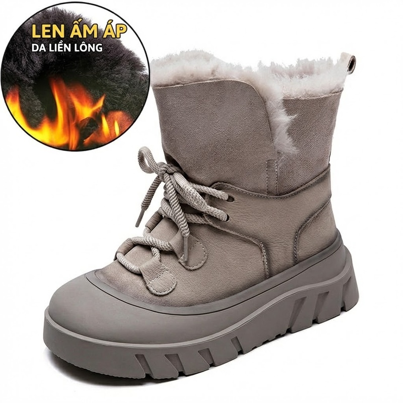Giày Bốt Đi Tuyết Nữ Da Lộn Lông Cừu Chiều Cao Đế Khoảng 5cm Màu Đen, Nâu, Xám
