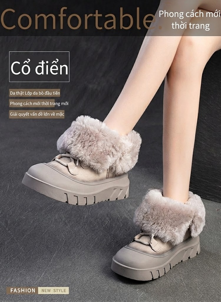 Giày Bốt Đi Tuyết Nữ Da Lộn Lông Cừu Chiều Cao Đế Khoảng 5cm Màu Đen, Nâu, Xám chi tiết 1