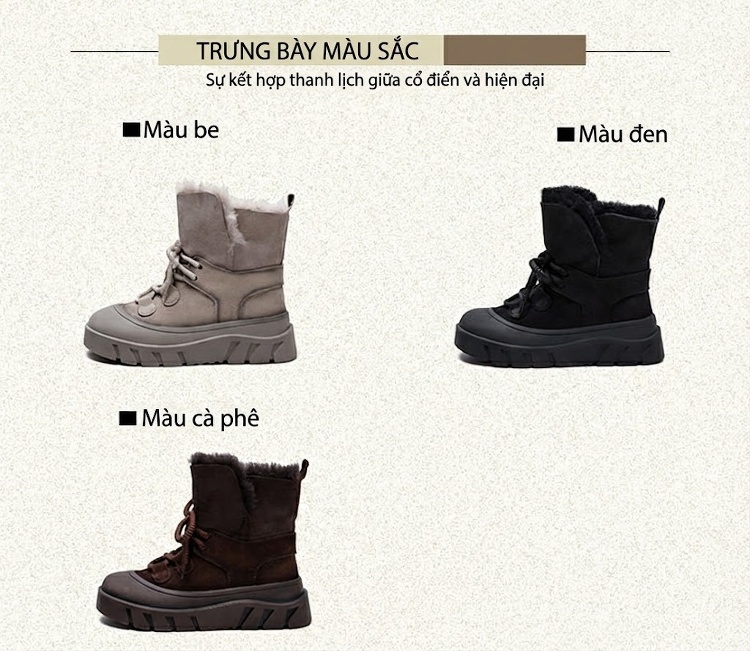 Giày Bốt Đi Tuyết Nữ Da Lộn Lông Cừu Chiều Cao Đế Khoảng 5cm Màu Đen, Nâu, Xám chi tiết 2