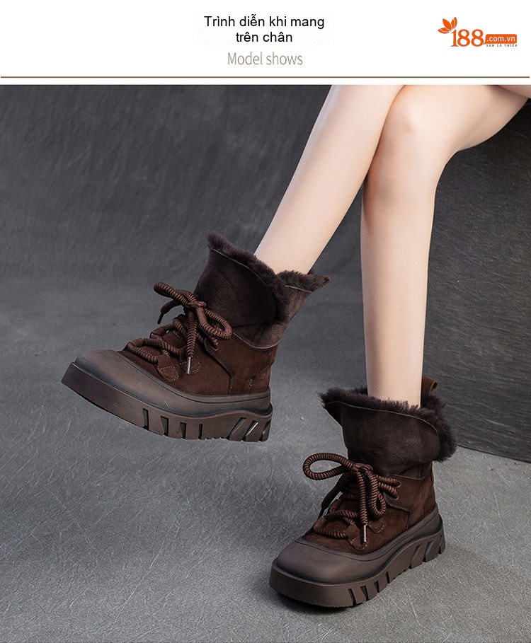 Giày Bốt Đi Tuyết Nữ Da Lộn Lông Cừu Chiều Cao Đế Khoảng 5cm Màu Đen, Nâu, Xám chi tiết 7