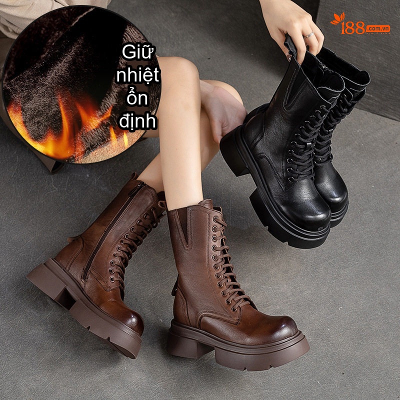 Giày Bốt Nữ Cổ Lửng Da Bò Lót Lông Chiều Cao Đế Khoảng 5cm Màu Đen, Nâu