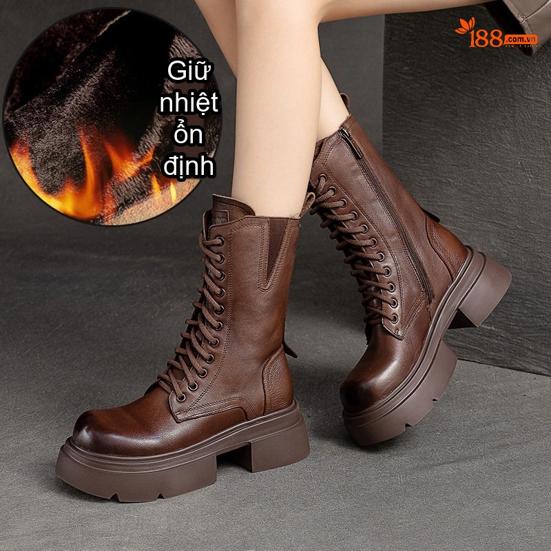 Giày Bốt Nữ Cổ Lửng Da Bò Lót Lông Chiều Cao Đế Khoảng 5cm Màu Đen, Nâu