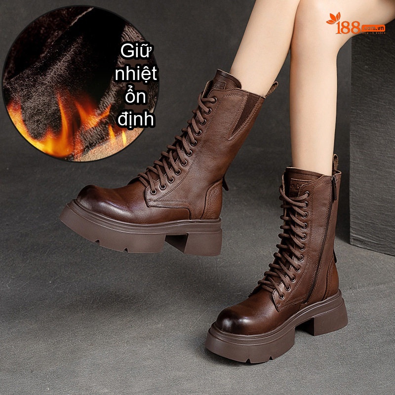 Giày Bốt Nữ Cổ Lửng Da Bò Lót Lông Chiều Cao Đế Khoảng 5cm Màu Đen, Nâu