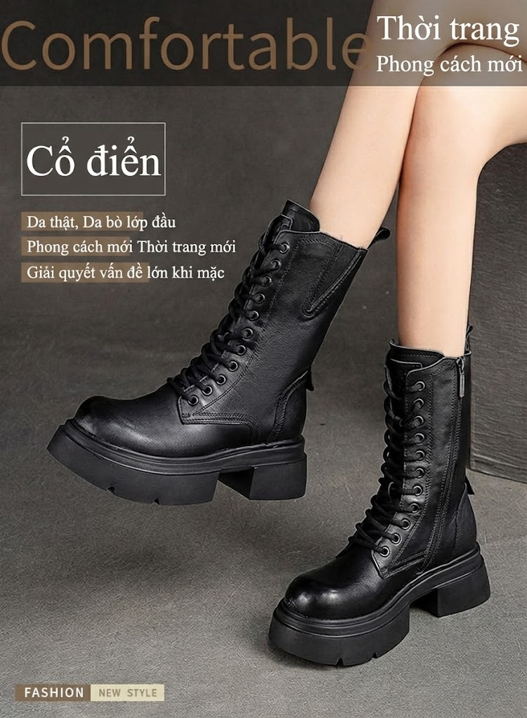 Giày Bốt Nữ Cổ Lửng Da Bò Lót Lông Chiều Cao Đế Khoảng 5cm Màu Đen, Nâu chi tiết 1